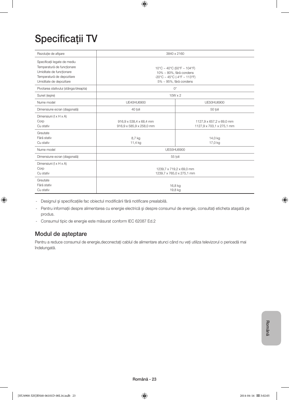 Specificaţii tv, Modul de aşteptare | Samsung UE55HU6900S User Manual | Page 215 / 385