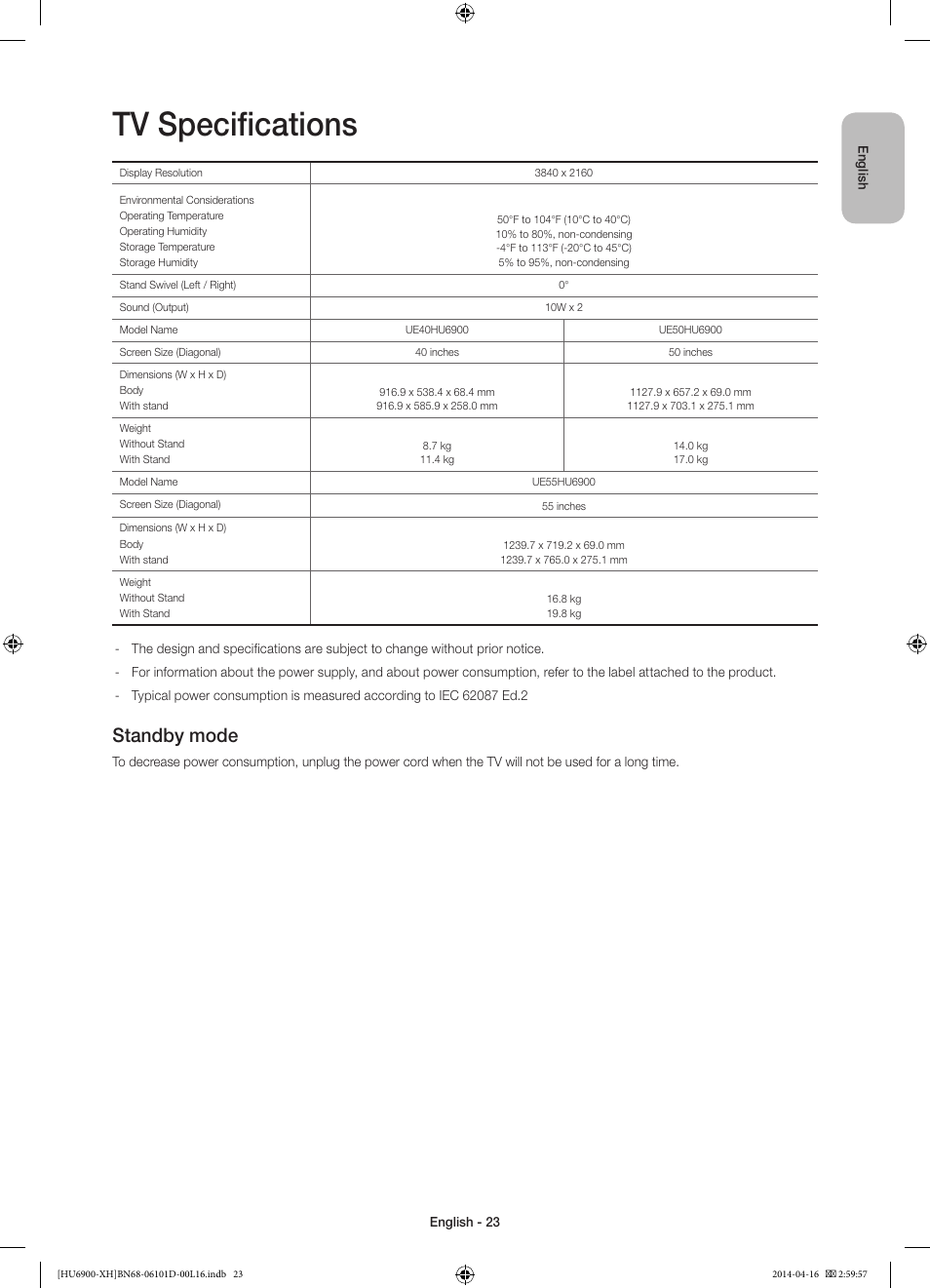 Tv specifications, Standby mode | Samsung UE55HU6900S User Manual | Page 23 / 385