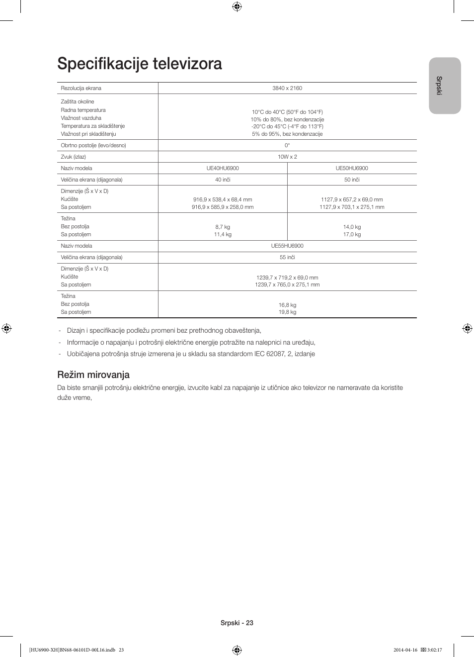Specifikacije televizora, Režim mirovanja | Samsung UE55HU6900S User Manual | Page 239 / 385
