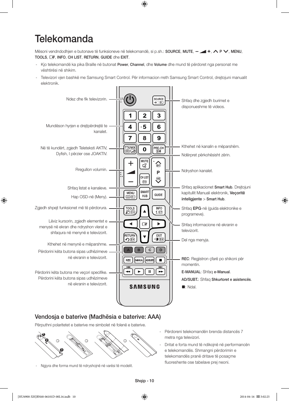 Telekomanda, Vendosja e baterive (madhësia e baterive: aaa) | Samsung UE55HU6900S User Manual | Page 250 / 385