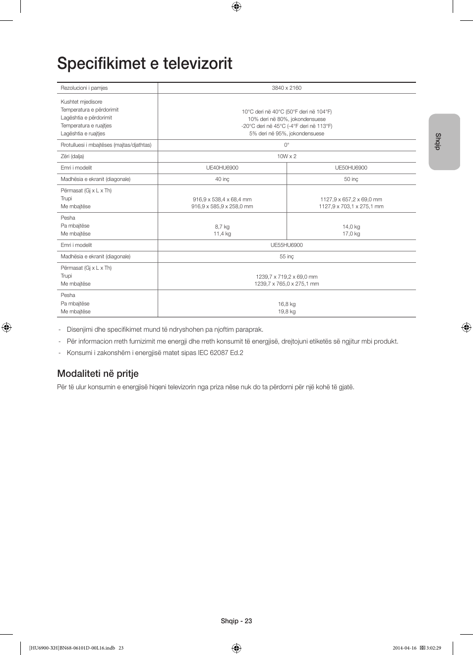Specifikimet e televizorit, Modaliteti në pritje | Samsung UE55HU6900S User Manual | Page 263 / 385