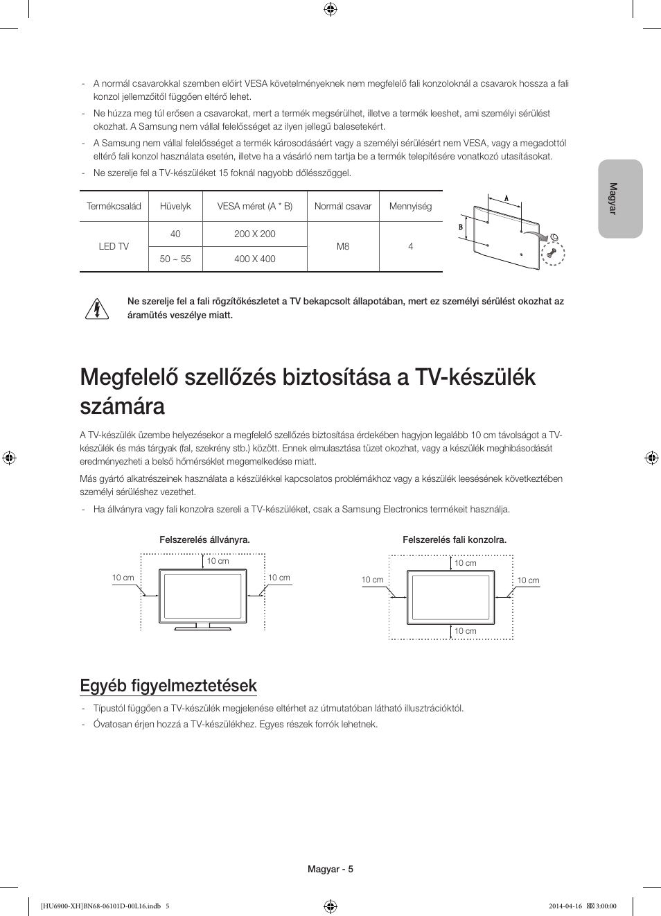 Egyéb figyelmeztetések | Samsung UE55HU6900S User Manual | Page 29 / 385