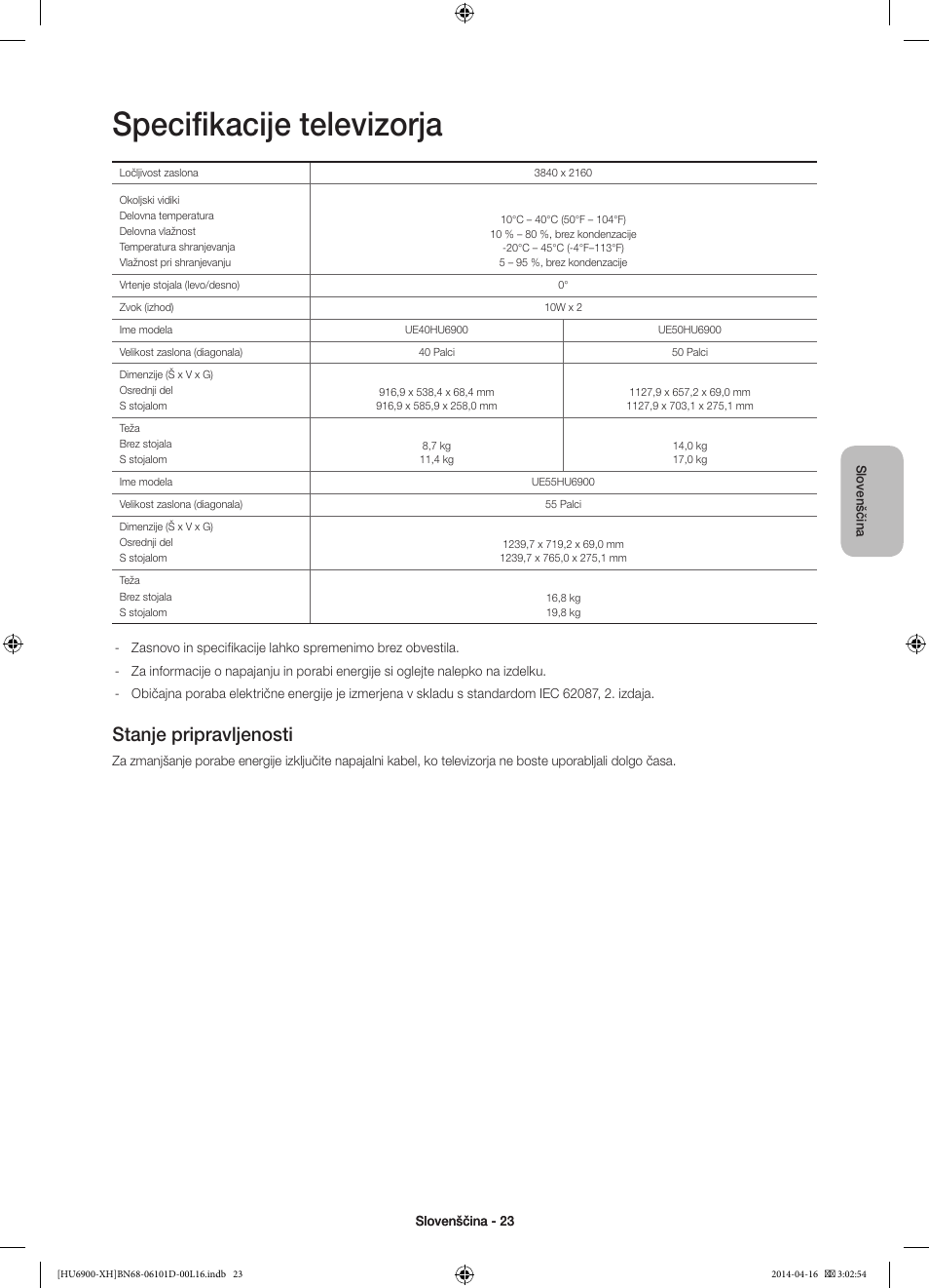 Specifikacije televizorja, Stanje pripravljenosti | Samsung UE55HU6900S User Manual | Page 311 / 385