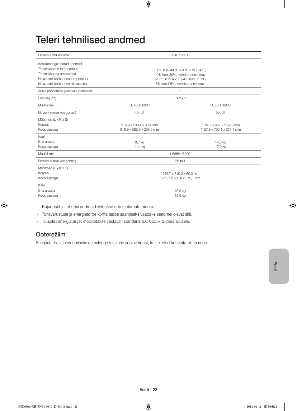 Teleri tehnilised andmed, Ooterežiim | Samsung UE55HU6900S User Manual | Page 383 / 385