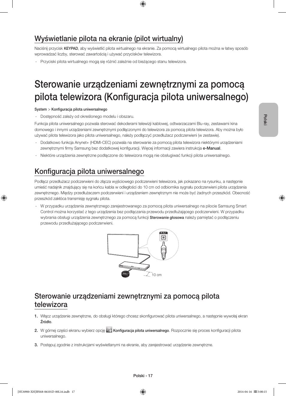 Wyświetlanie pilota na ekranie (pilot wirtualny), Konfiguracja pilota uniwersalnego | Samsung UE55HU6900S User Manual | Page 65 / 385