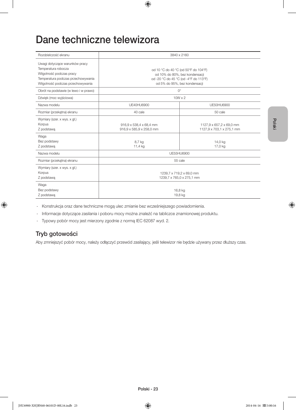 Dane techniczne telewizora, Tryb gotowości | Samsung UE55HU6900S User Manual | Page 71 / 385