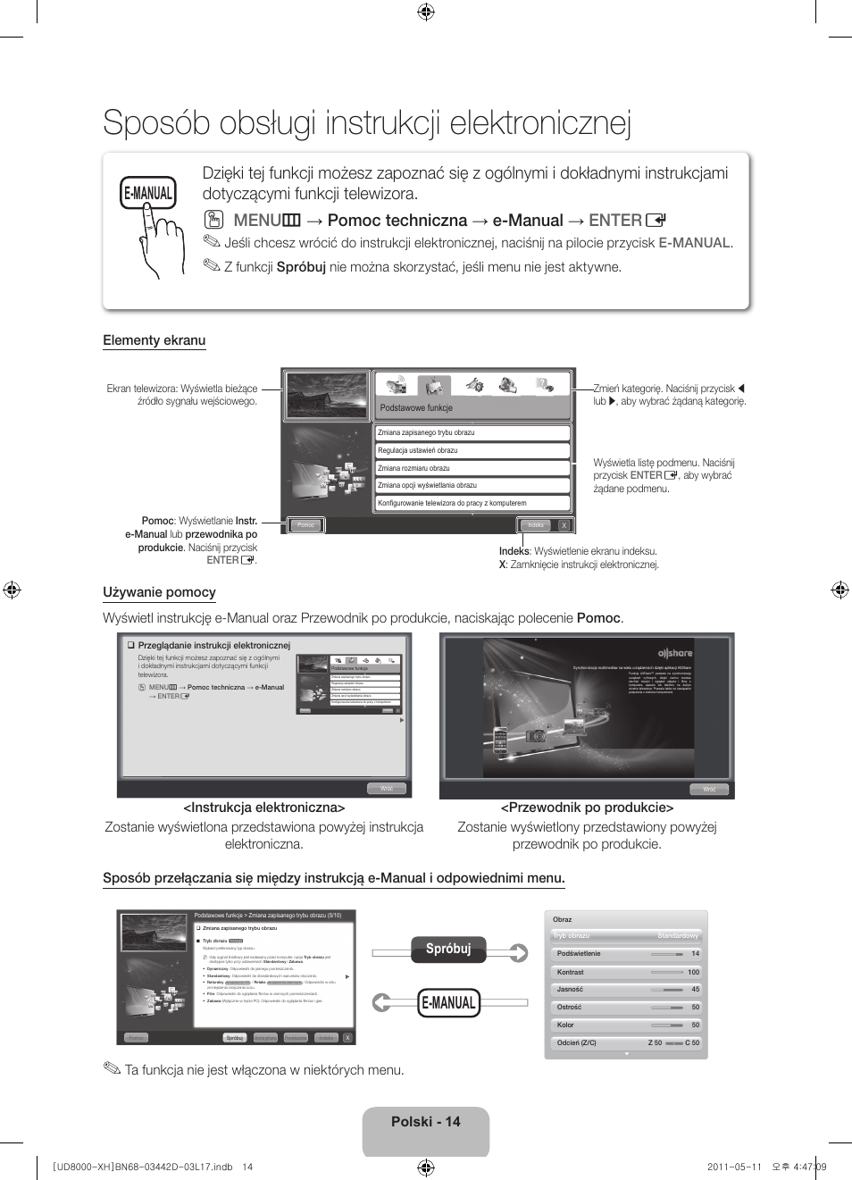 Sposób obsługi instrukcji elektronicznej, Menu m → pomoc techniczna → e-manual → enter e, E-manual | Polski - 14, Ta funkcja nie jest włączona w niektórych menu, Spróbuj | Samsung UE46D8000YS User Manual | Page 56 / 344