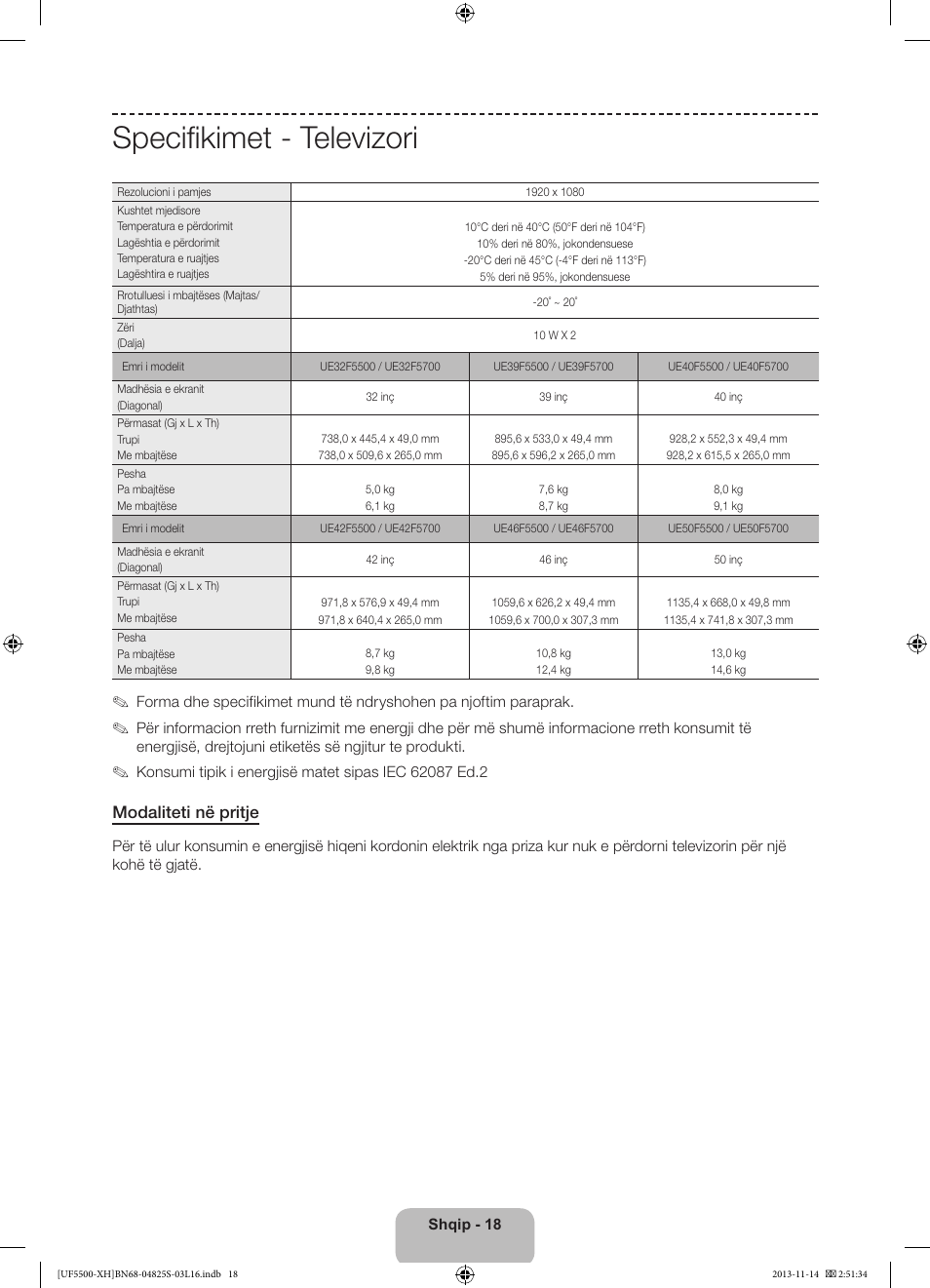 Specifikimet - televizori, Modaliteti në pritje | Samsung UE46F5500AW User Manual | Page 198 / 289