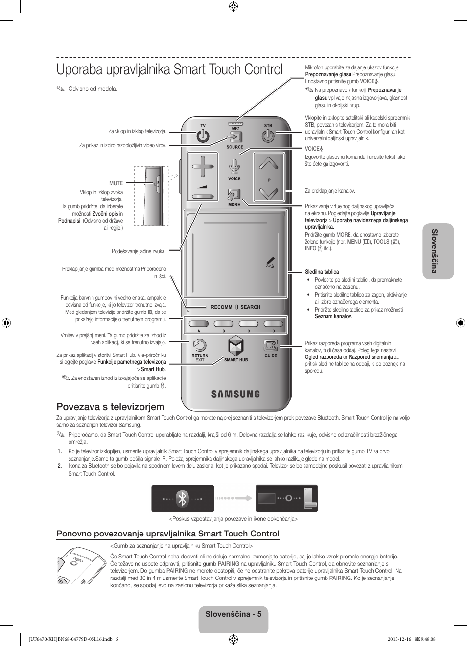 Uporaba upravljalnika smart touch control, Povezava s televizorjem | Samsung UE50F6670SS User Manual | Page 293 / 385