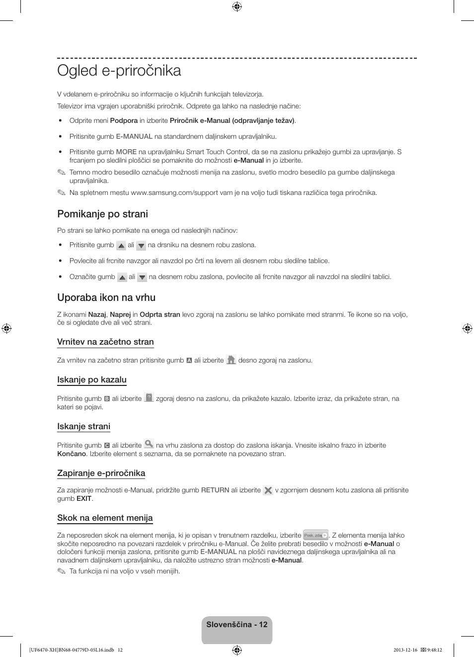 Ogled e-priročnika, Pomikanje po strani, Uporaba ikon na vrhu | Samsung UE50F6670SS User Manual | Page 300 / 385