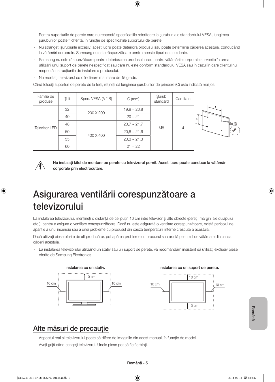 Alte măsuri de precauţie | Samsung UE60H6270SS User Manual | Page 165 / 321