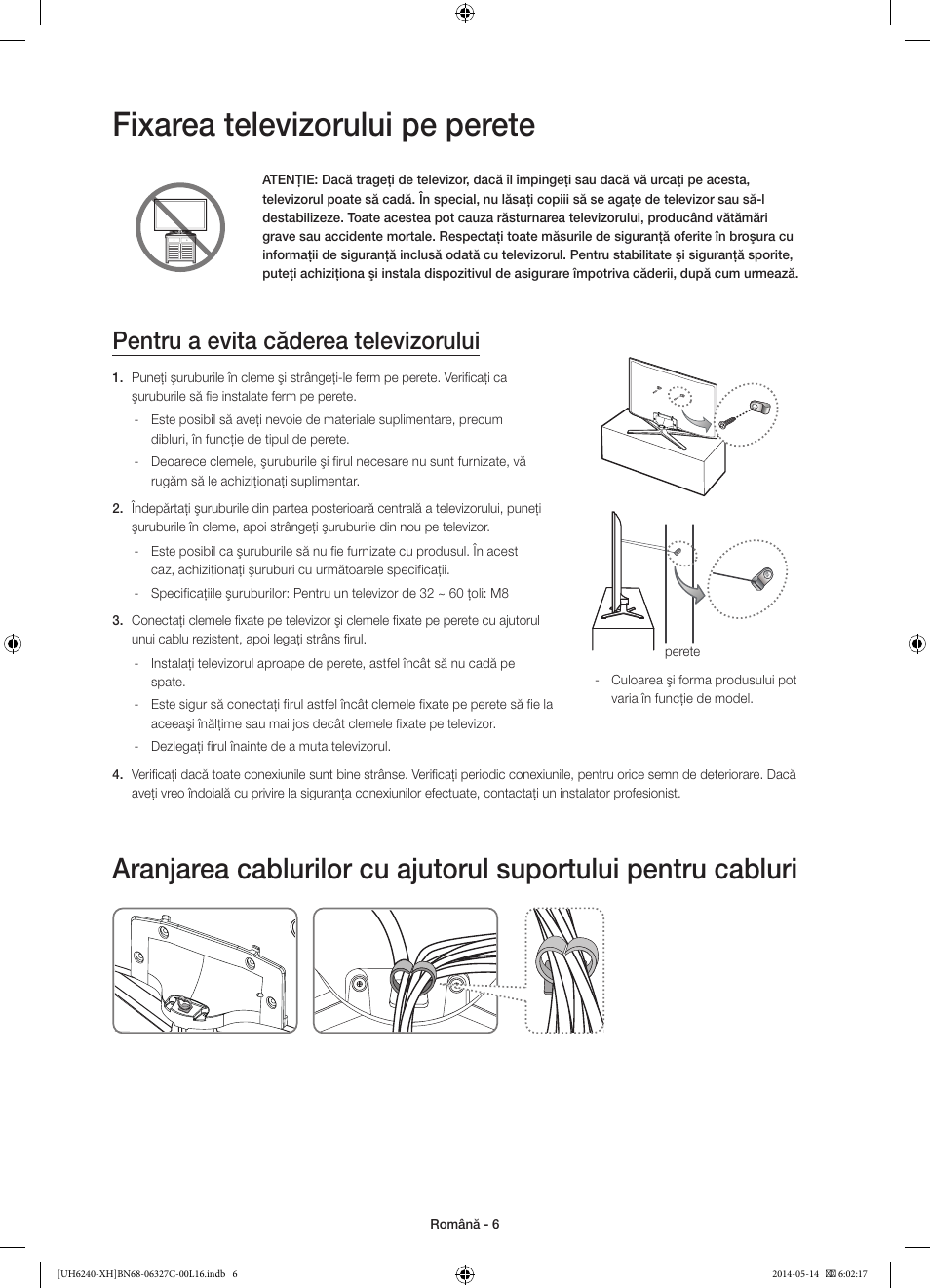 Fixarea televizorului pe perete, Pentru a evita căderea televizorului | Samsung UE60H6270SS User Manual | Page 166 / 321