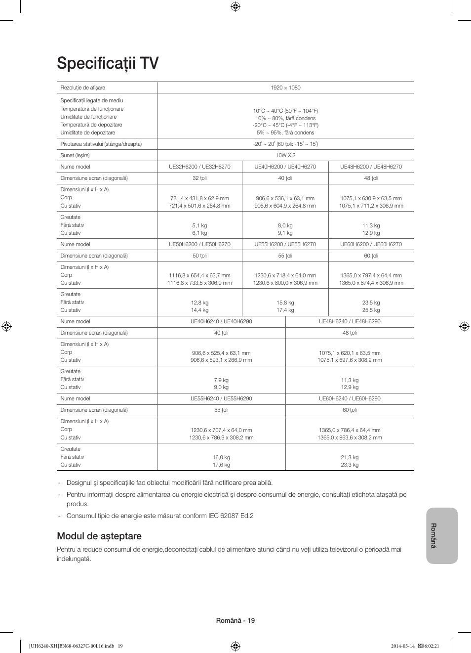 Specificaţii tv, Modul de aşteptare | Samsung UE60H6270SS User Manual | Page 179 / 321