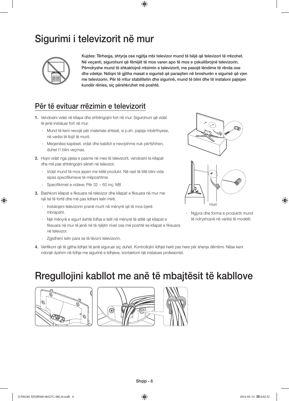 Sigurimi i televizorit në mur, Për të evituar rrëzimin e televizorit | Samsung UE60H6270SS User Manual | Page 206 / 321