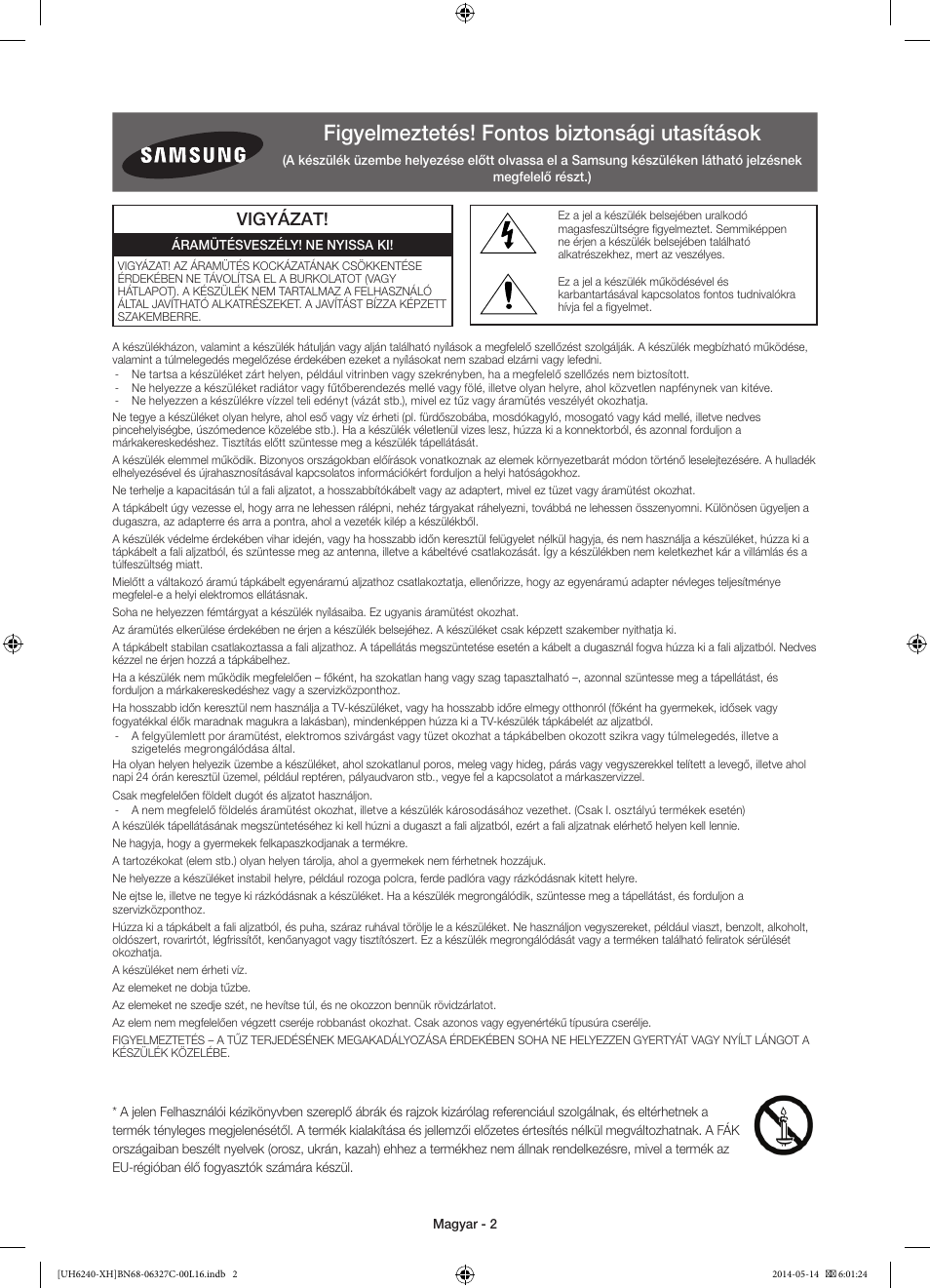 Figyelmeztetés! fontos biztonsági utasítások, Vigyázat | Samsung UE60H6270SS User Manual | Page 22 / 321