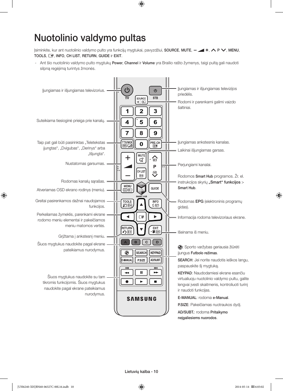 Nuotolinio valdymo pultas | Samsung UE60H6270SS User Manual | Page 290 / 321