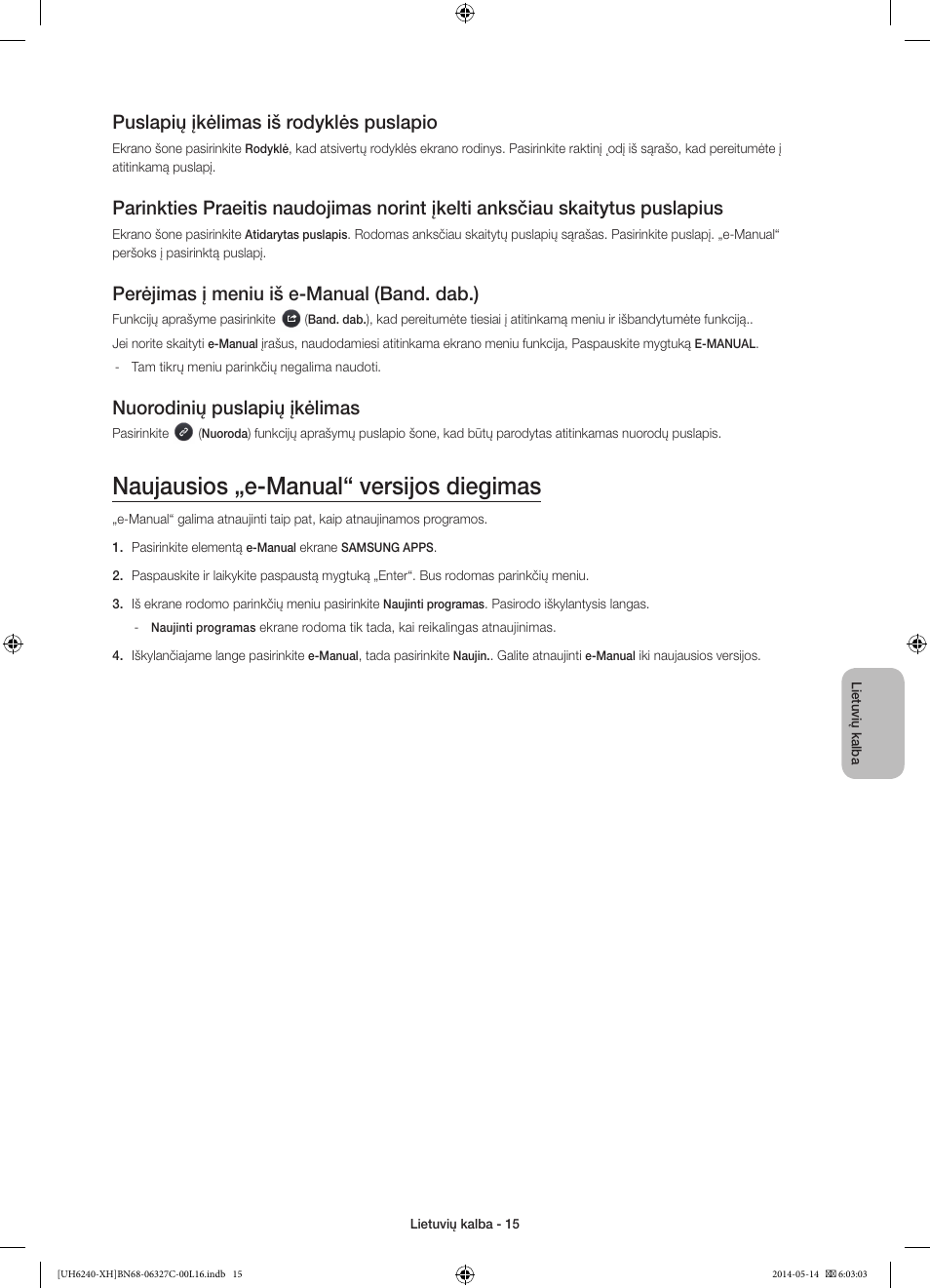 Naujausios „e-manual“ versijos diegimas, Puslapių įkėlimas iš rodyklės puslapio, Perėjimas į meniu iš e-manual (band. dab.) | Nuorodinių puslapių įkėlimas | Samsung UE60H6270SS User Manual | Page 295 / 321