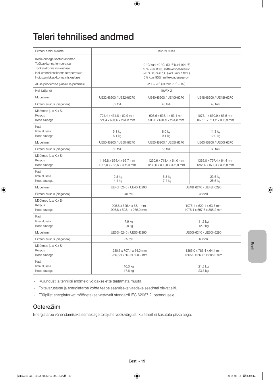 Teleri tehnilised andmed, Ooterežiim | Samsung UE60H6270SS User Manual | Page 319 / 321