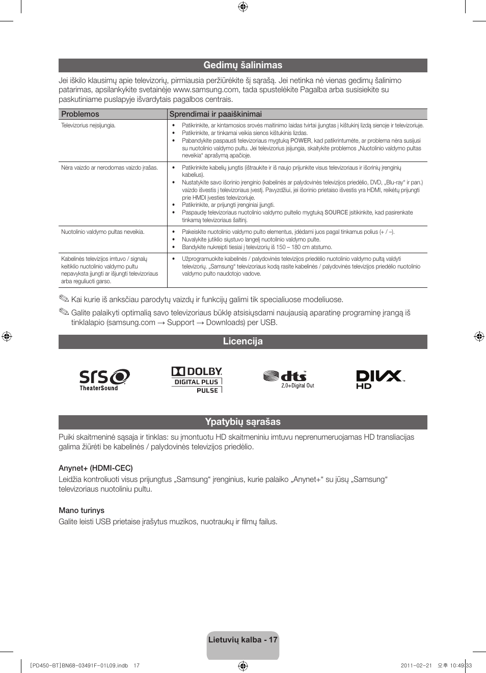 Gedimų šalinimas, Licencija ypatybių sąrašas | Samsung PS43D450A2W User Manual | Page 107 / 164