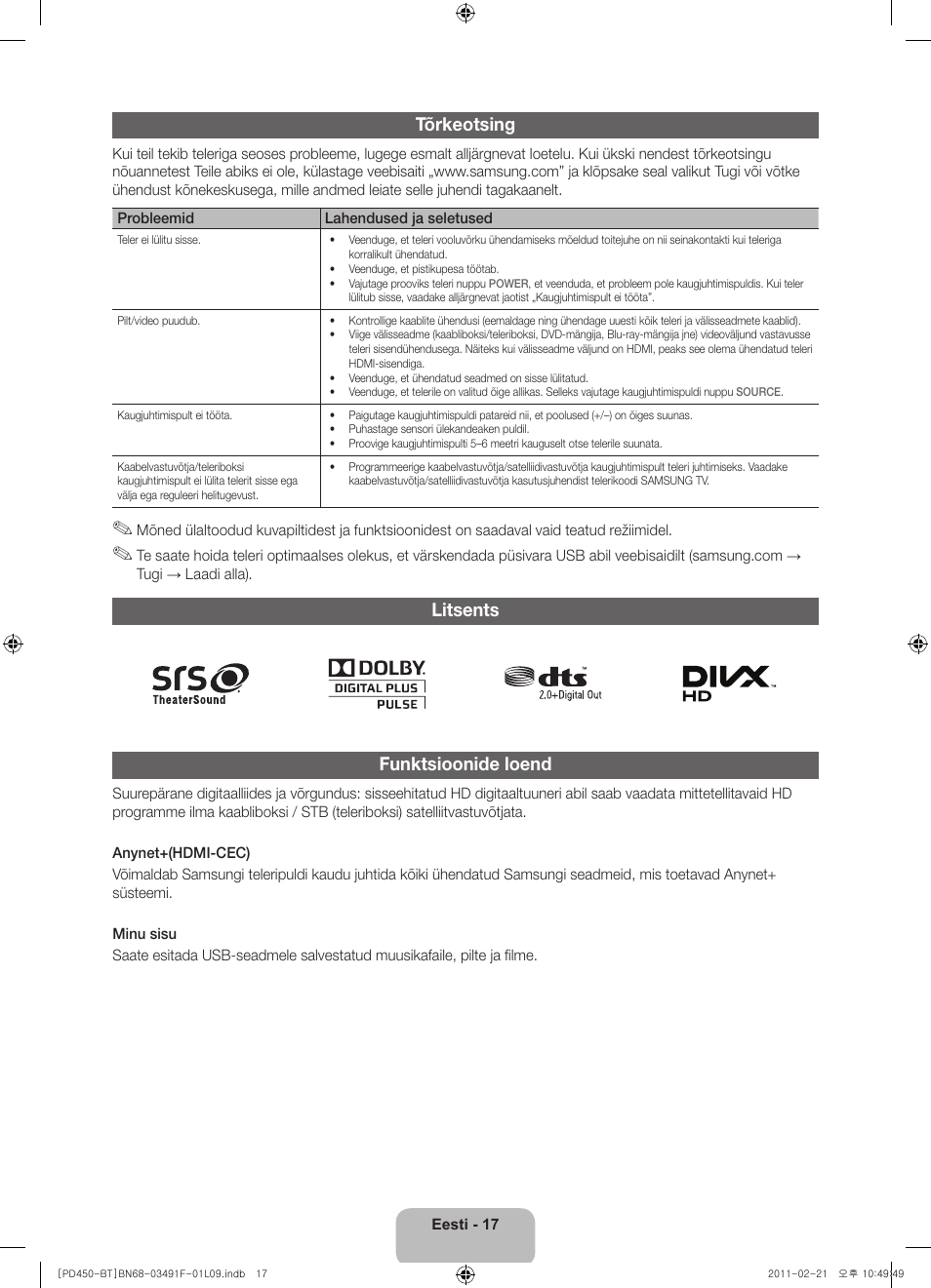 Tõrkeotsing, Litsents funktsioonide loend | Samsung PS43D450A2W User Manual | Page 125 / 164