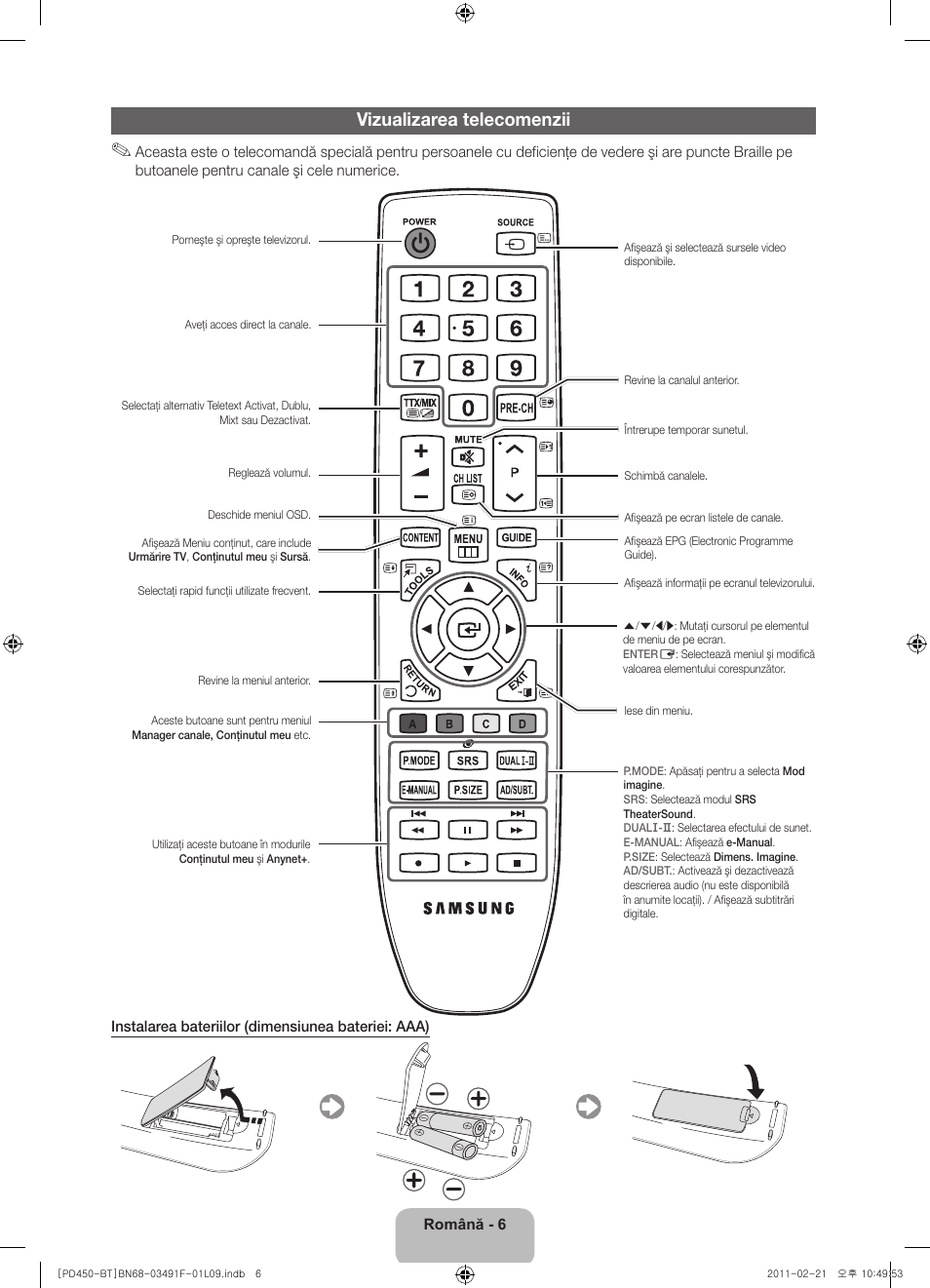 Vizualizarea telecomenzii | Samsung PS43D450A2W User Manual | Page 132 / 164