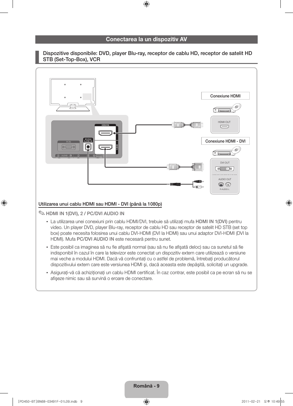 Conectarea la un dispozitiv av | Samsung PS43D450A2W User Manual | Page 135 / 164
