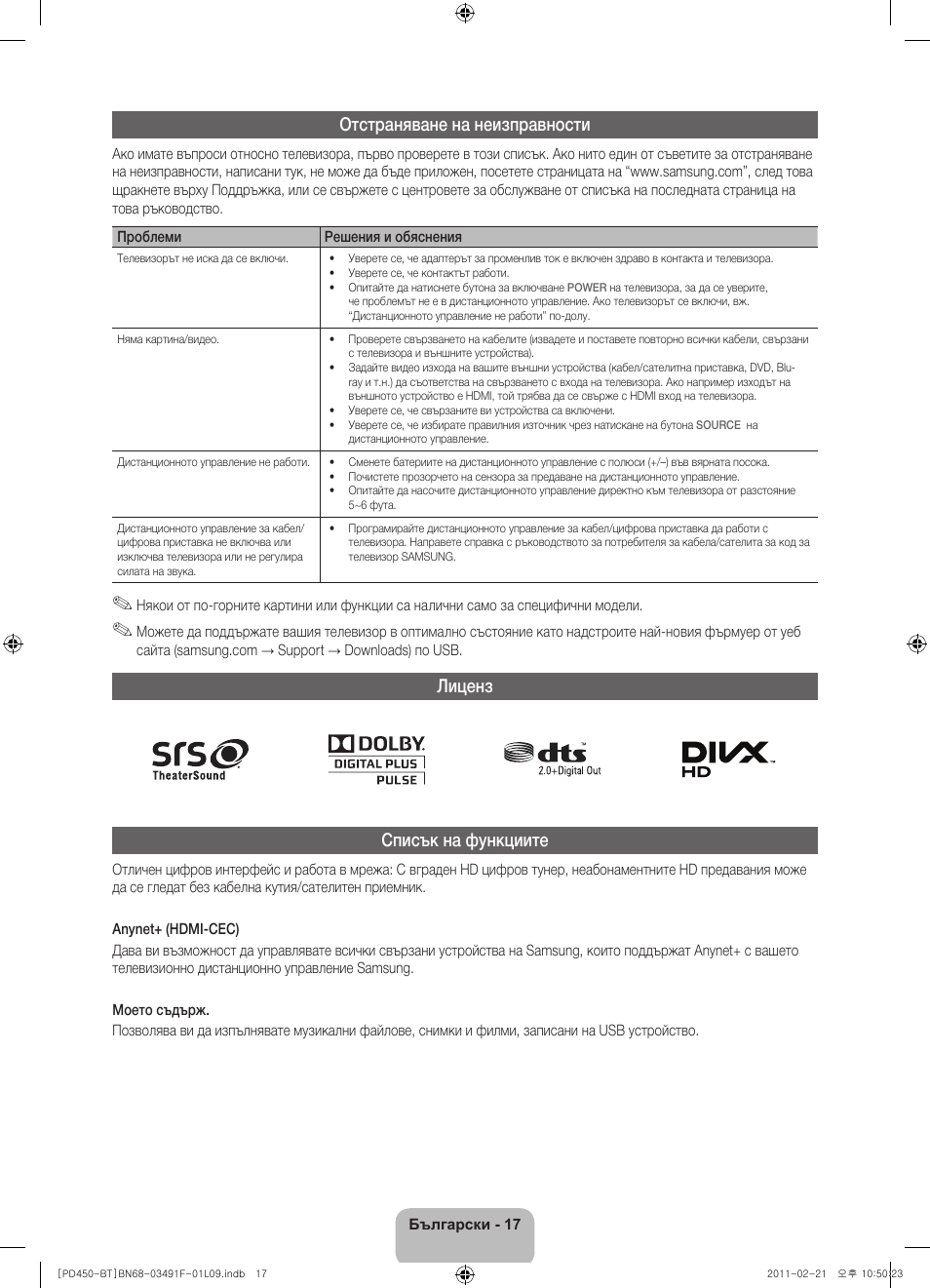Отстраняване на неизправности, Лиценз списък на функциите | Samsung PS43D450A2W User Manual | Page 161 / 164