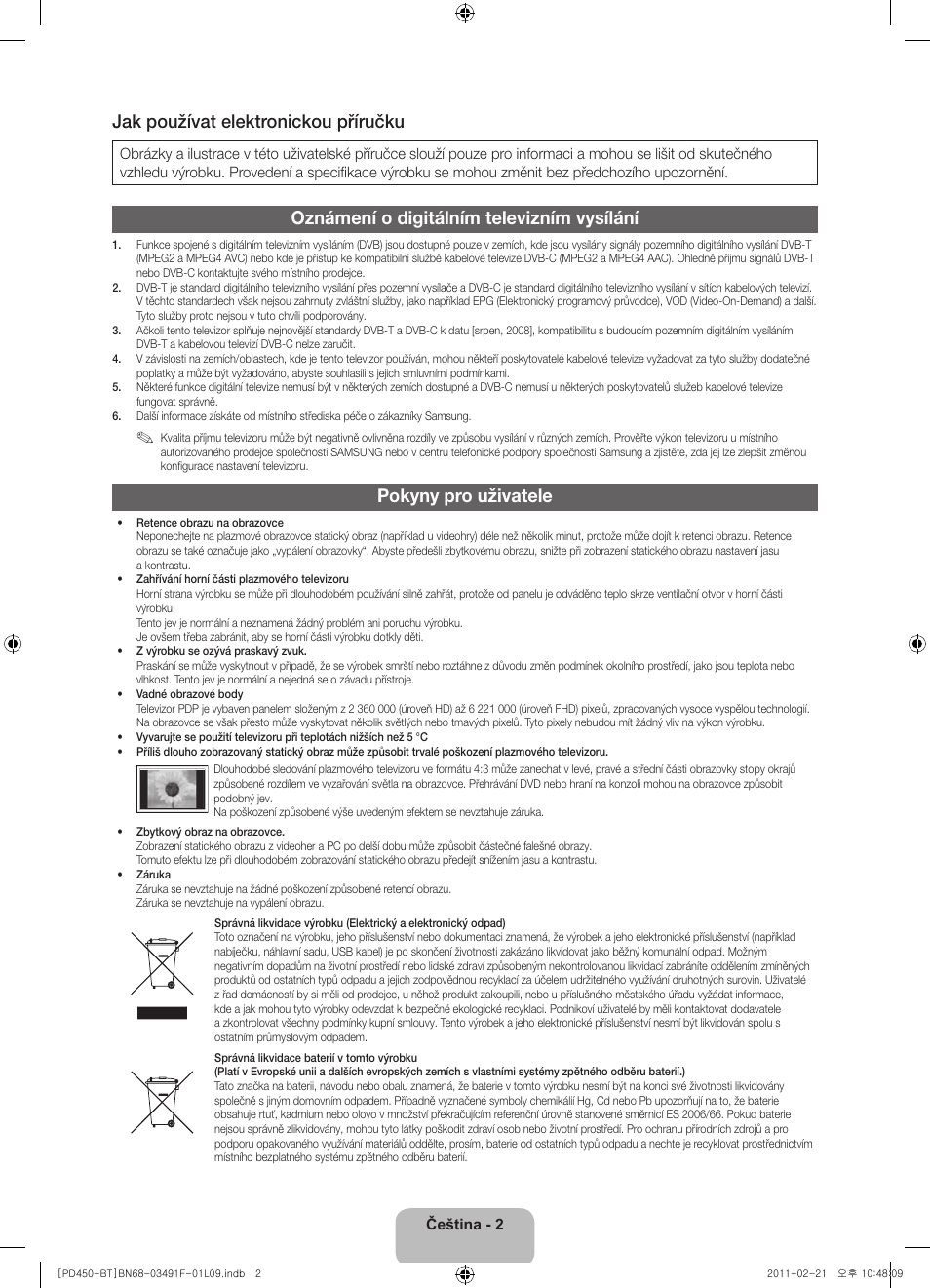 Jak používat elektronickou příručku, Oznámení o digitálním televizním vysílání, Pokyny pro uživatele | Samsung PS43D450A2W User Manual | Page 20 / 164