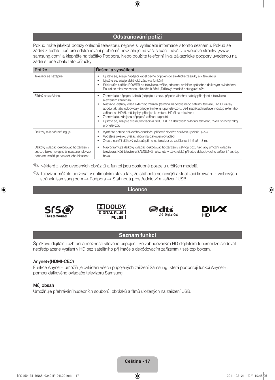 Odstraňování potíží, Licence seznam funkcí | Samsung PS43D450A2W User Manual | Page 35 / 164