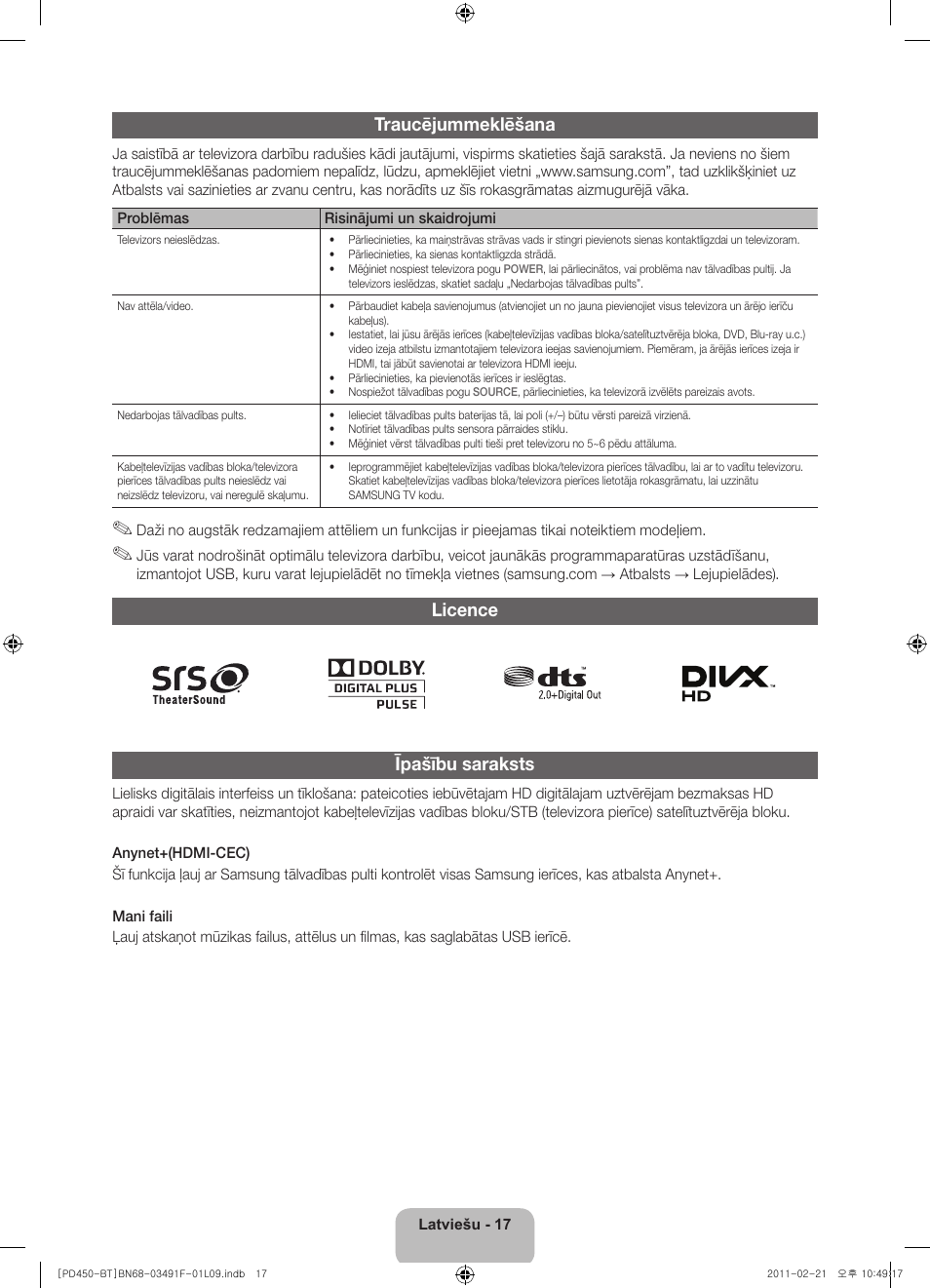 Traucējummeklēšana, Licence īpašību saraksts | Samsung PS43D450A2W User Manual | Page 89 / 164