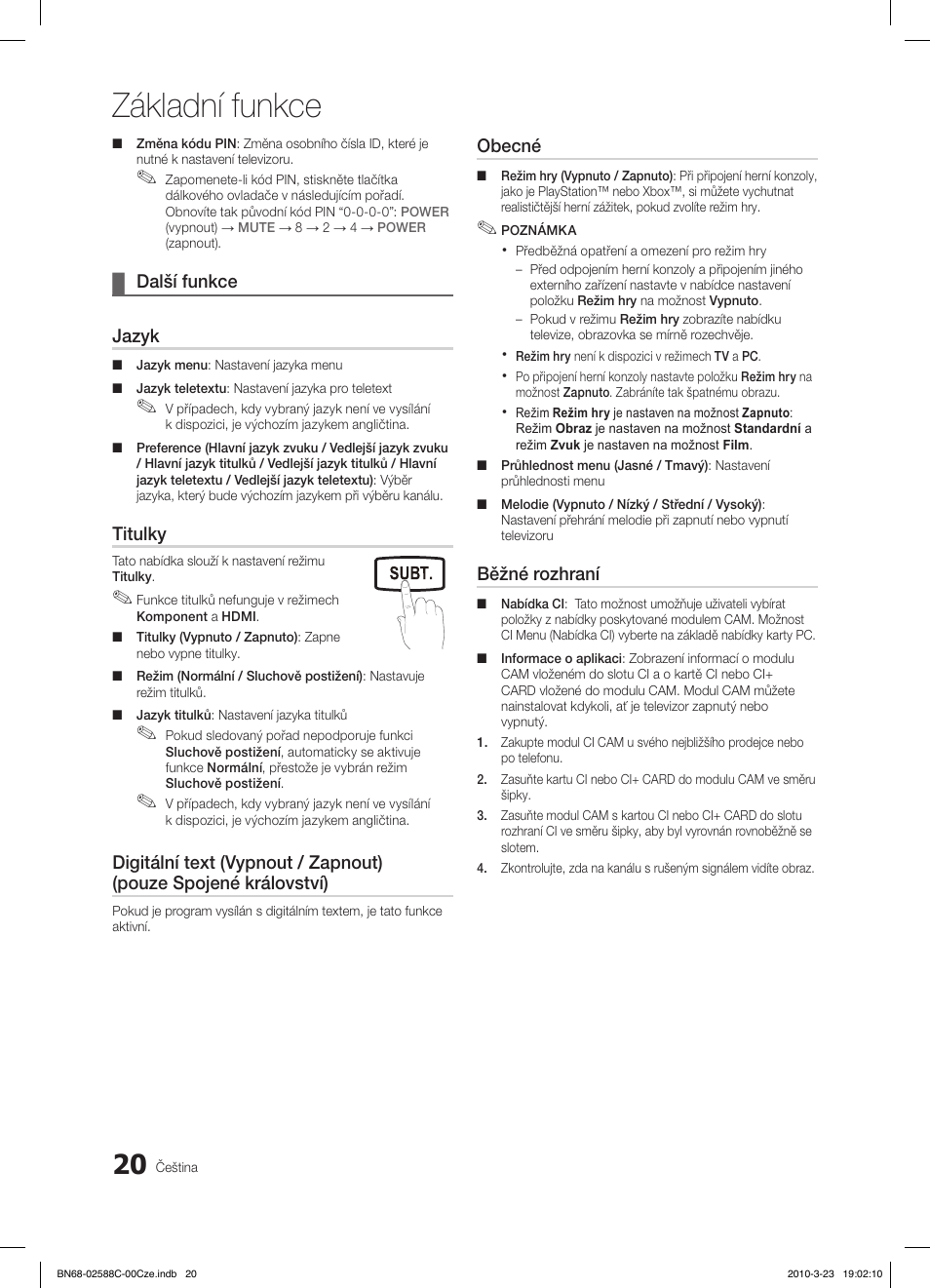 Základní funkce, Fav.ch p.mode dual mts, Další funkce ¦ jazyk | Titulky, Obecné, Běžné rozhraní, Media.p | Samsung LE19C350D1W User Manual | Page 218 / 331