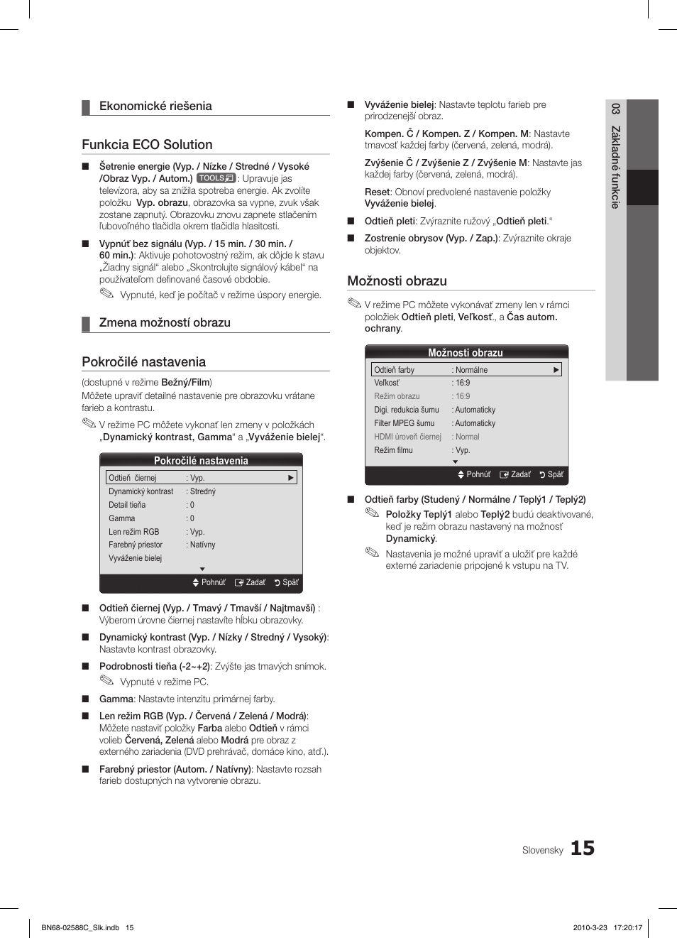 Funkcia eco solution, Pokročilé nastavenia, Možnosti obrazu | Samsung LE19C350D1W User Manual | Page 246 / 331
