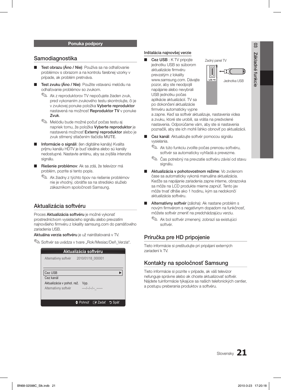 Samodiagnostika, Aktualizácia softvéru, Príručka pre hd pripojenie | Kontakty na spoločnosť samsung | Samsung LE19C350D1W User Manual | Page 252 / 331