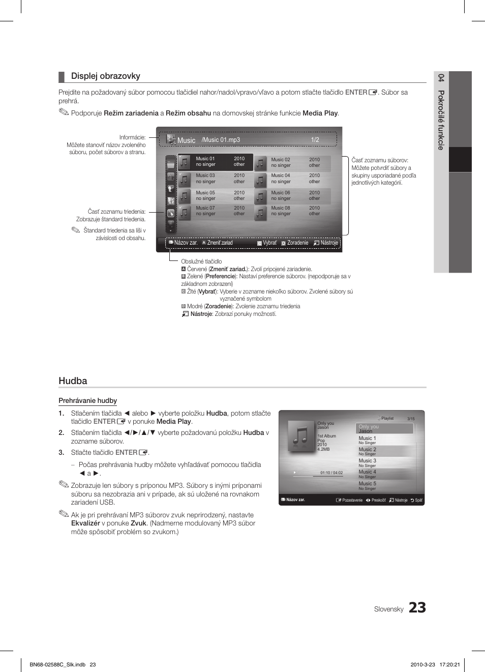 Hudba, Displej obrazovky, 04 pokr očilé funkcie | Music | Samsung LE19C350D1W User Manual | Page 254 / 331