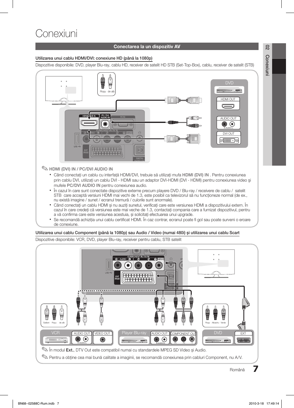 Conexiuni, 02 conexiuni, Conectarea la un dispozitiv av | Română, Player blu-ray dvd vcr | Samsung LE19C350D1W User Manual | Page 271 / 331
