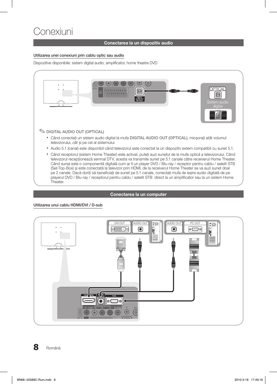 Conexiuni, Conectarea la un dispozitiv audio, Conectarea la un computer | Samsung LE19C350D1W User Manual | Page 272 / 331
