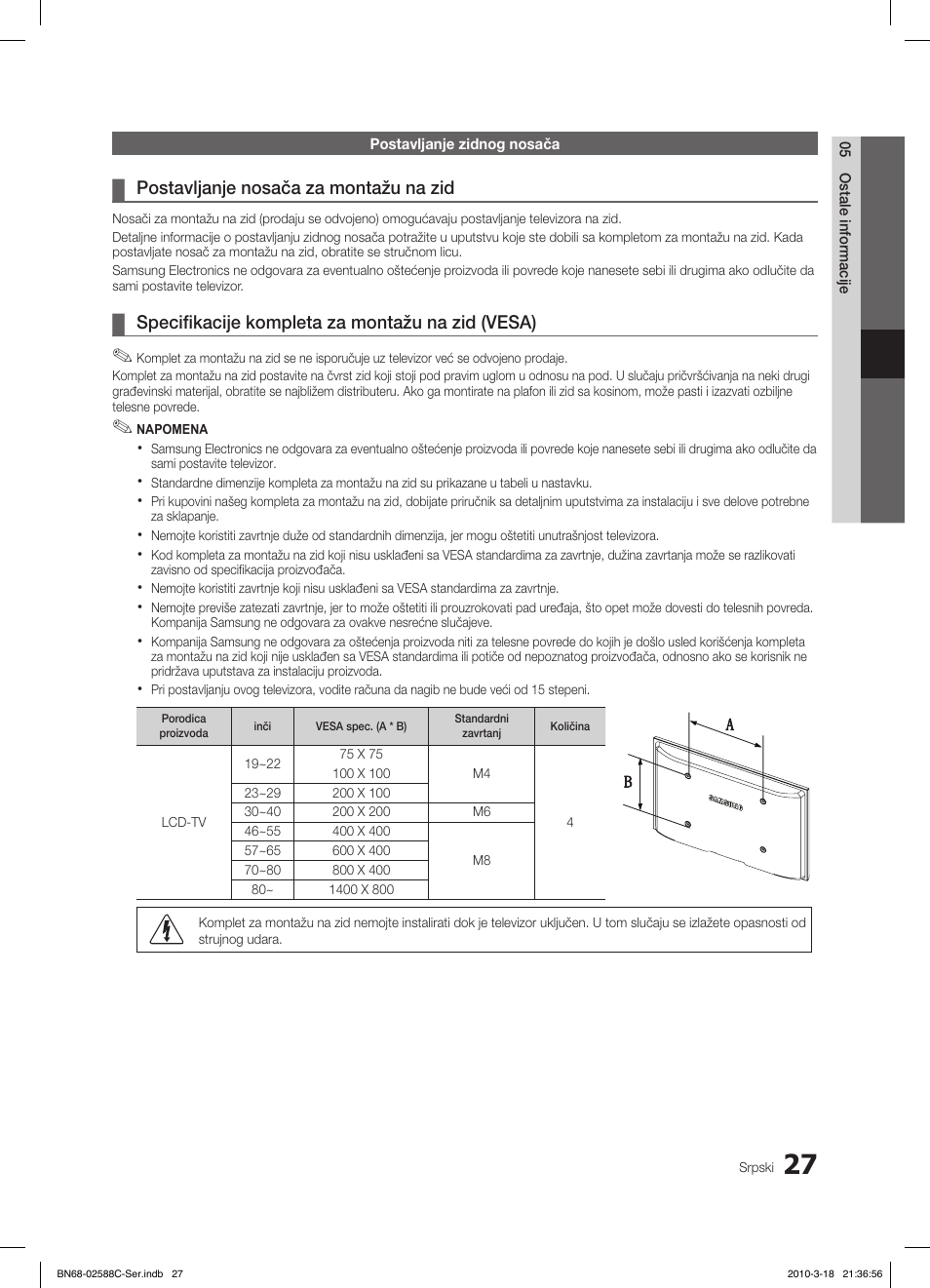 Postavljanje nosača za montažu na zid, Specifikacije kompleta za montažu na zid (vesa) | Samsung LE19C350D1W User Manual | Page 324 / 331