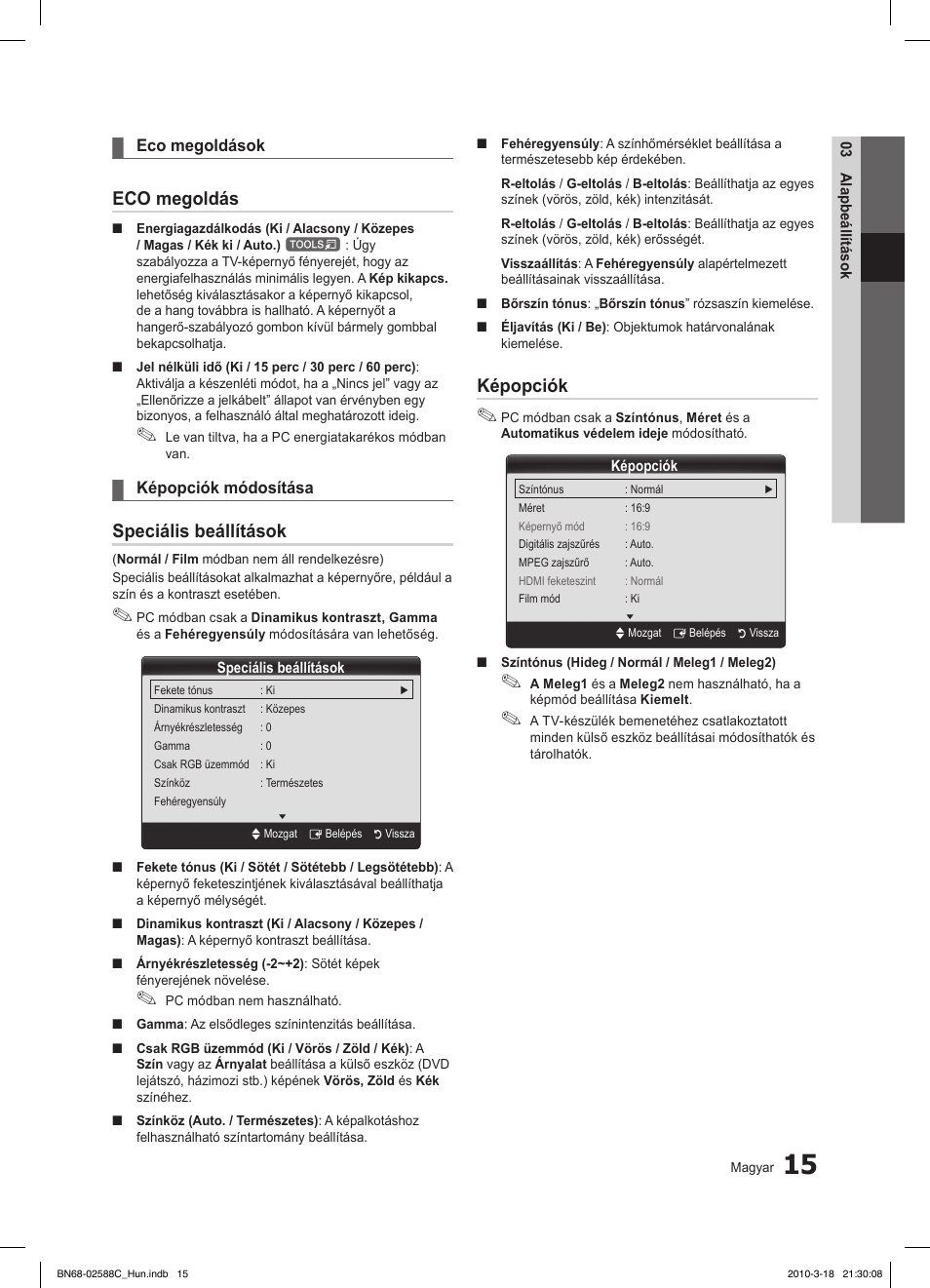 Eco megoldás, Speciális beállítások, Képopciók | Samsung LE19C350D1W User Manual | Page 48 / 331
