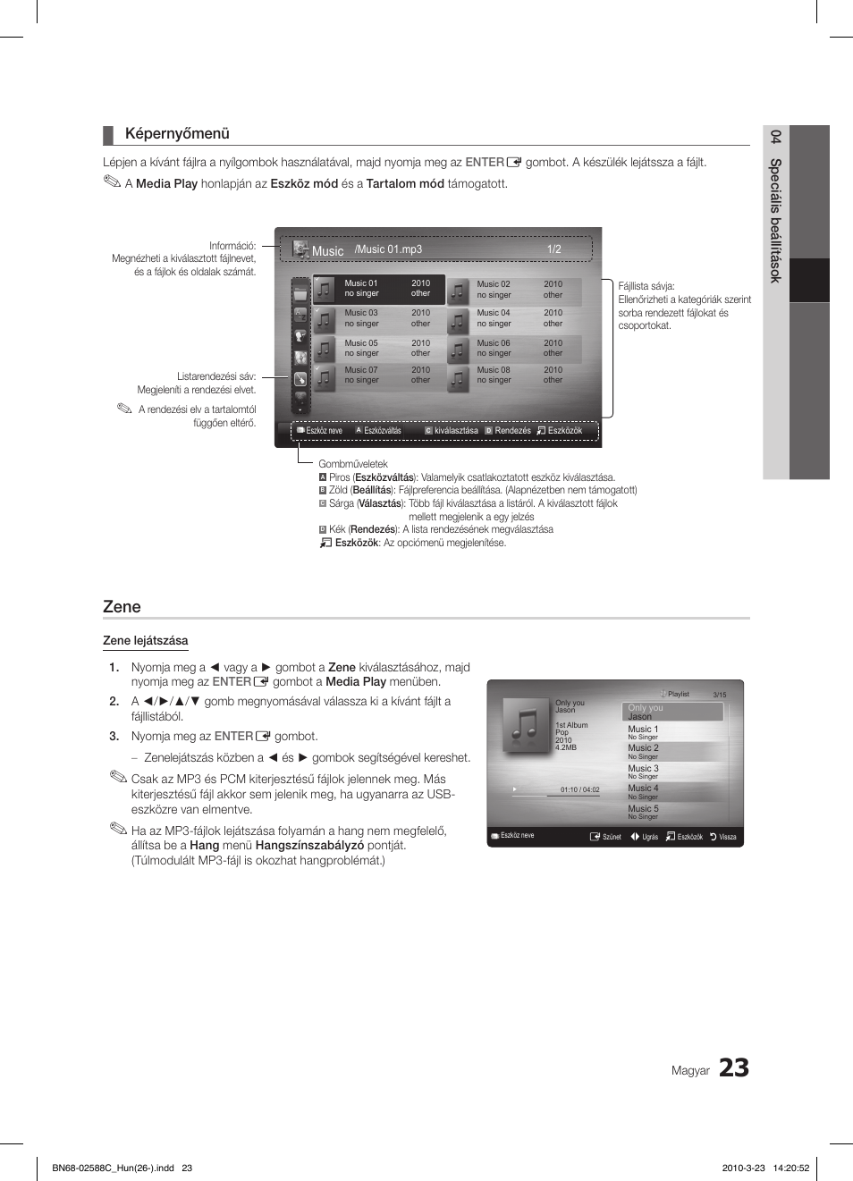 Zene, Képernyőmenü, 04 speciális beállítások | Music | Samsung LE19C350D1W User Manual | Page 56 / 331