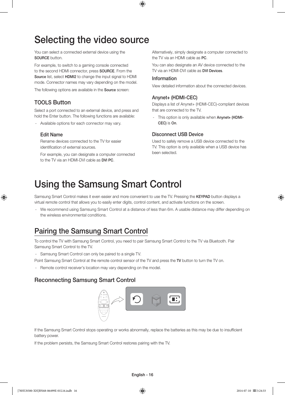 Using the samsung smart control, Selecting the video source, Pairing the samsung smart control | Reconnecting samsung smart control, Button, Tools | Samsung UE78HU8500T User Manual | Page 16 / 385