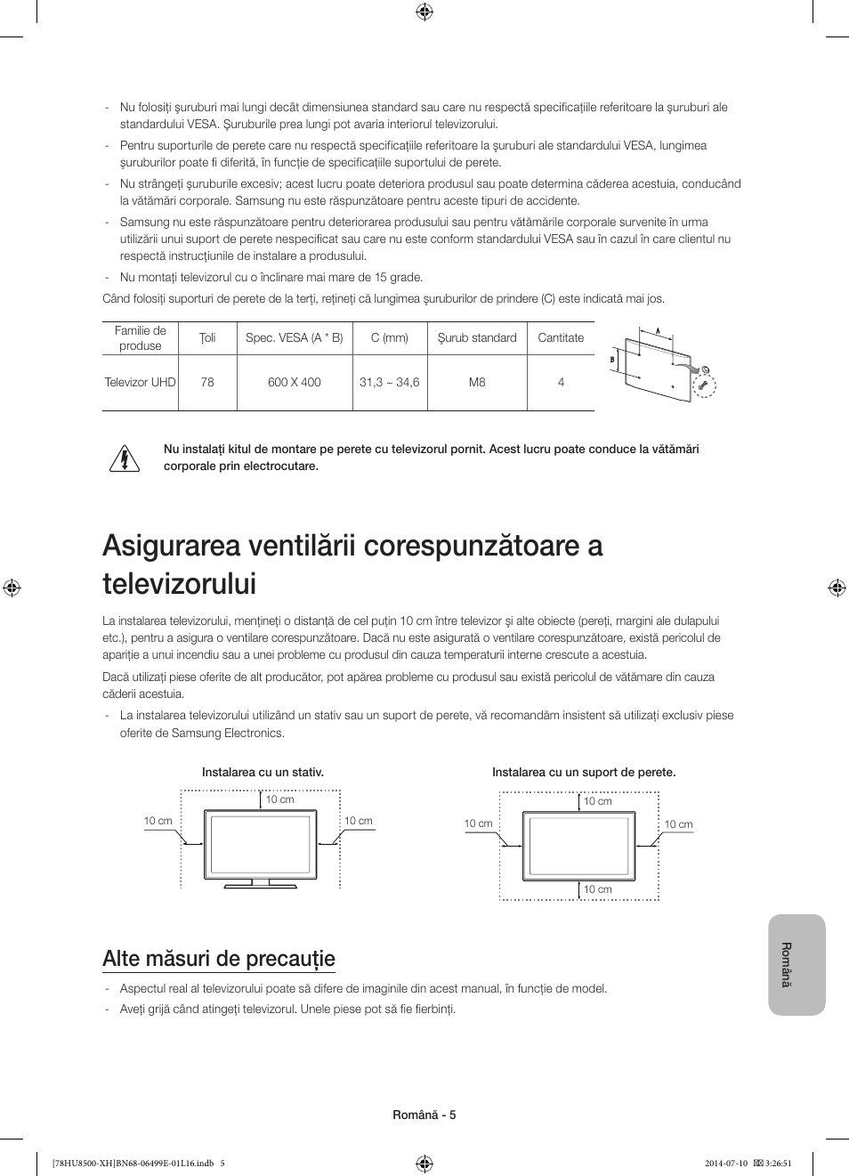 Alte măsuri de precauţie | Samsung UE78HU8500T User Manual | Page 197 / 385