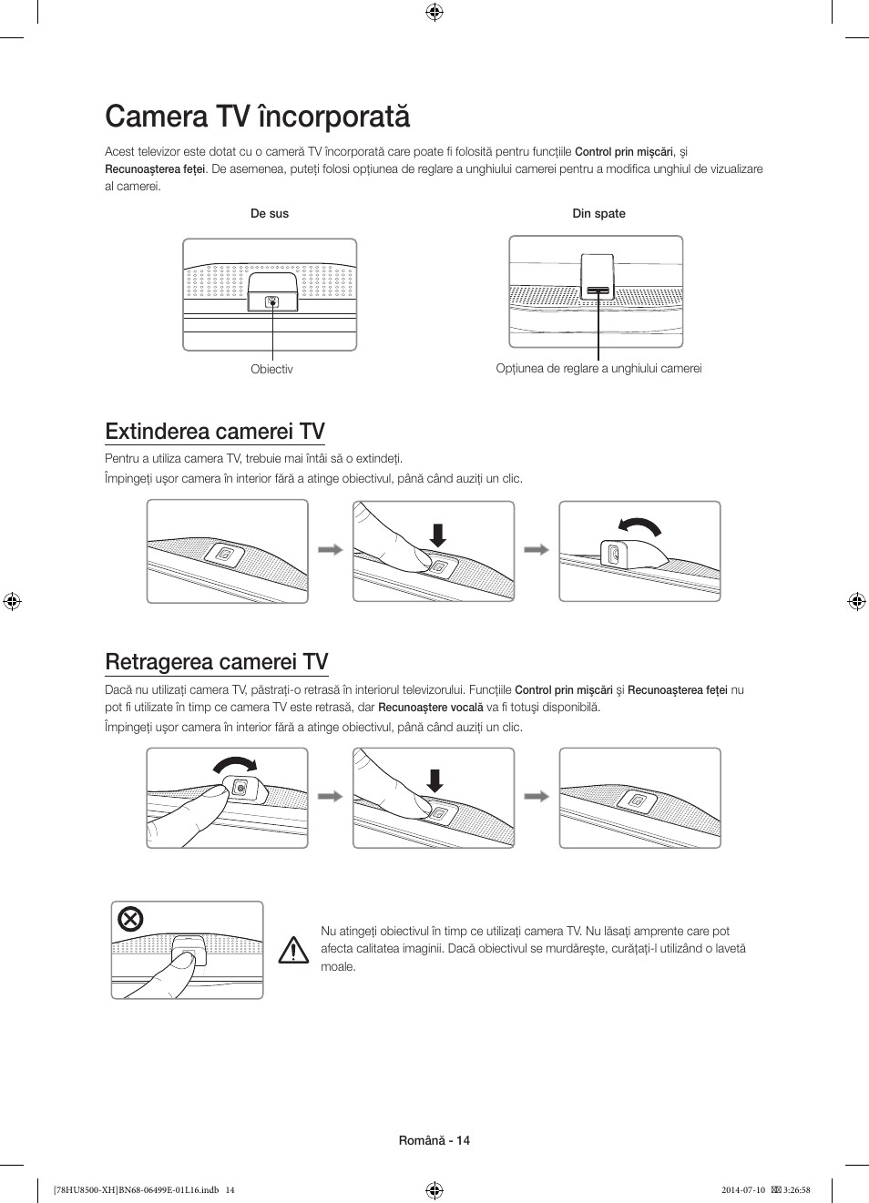Camera tv încorporată, Extinderea camerei tv, Retragerea camerei tv | 경고 주의 경고 주의 | Samsung UE78HU8500T User Manual | Page 206 / 385