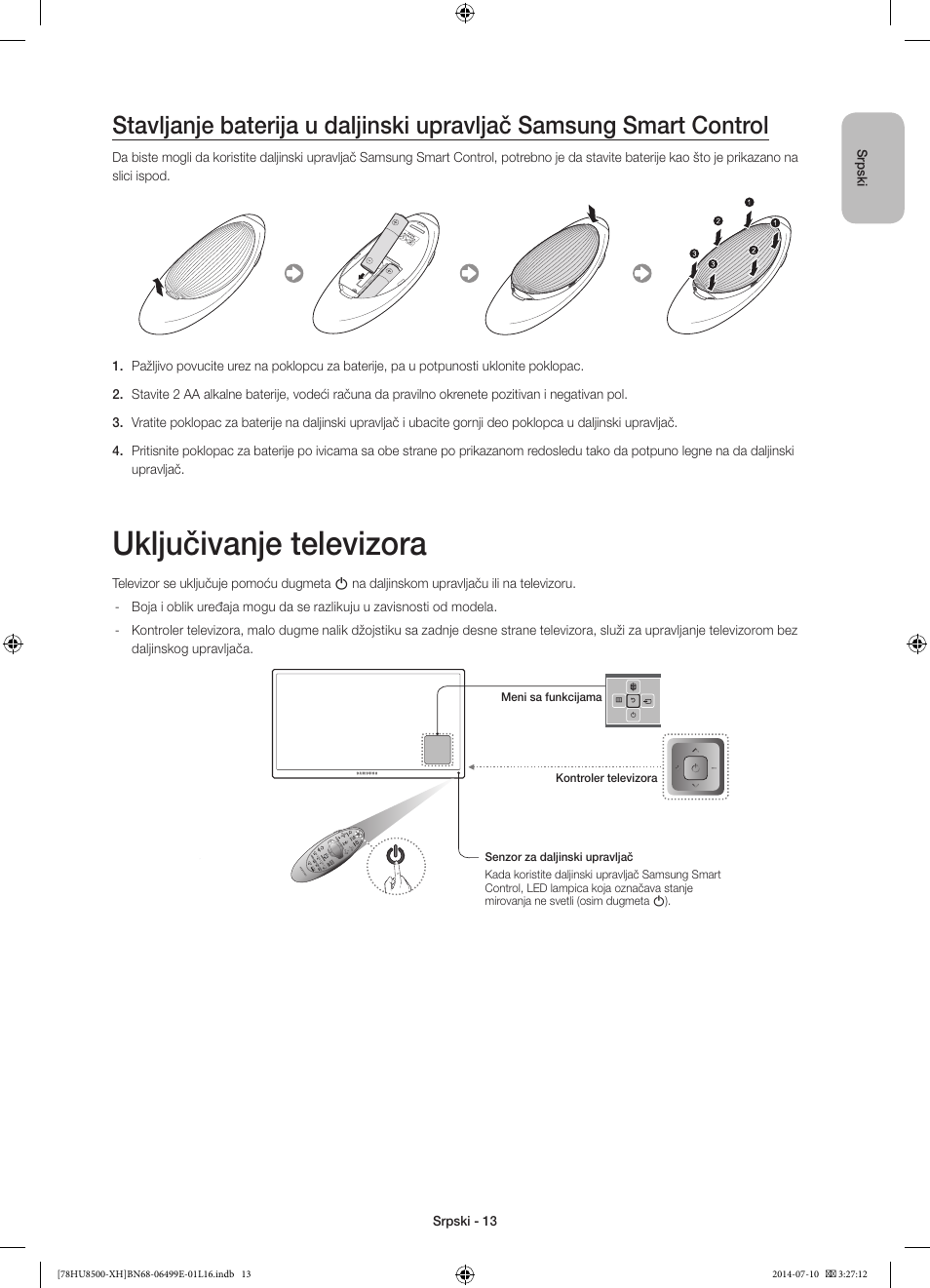 Uključivanje televizora | Samsung UE78HU8500T User Manual | Page 229 / 385