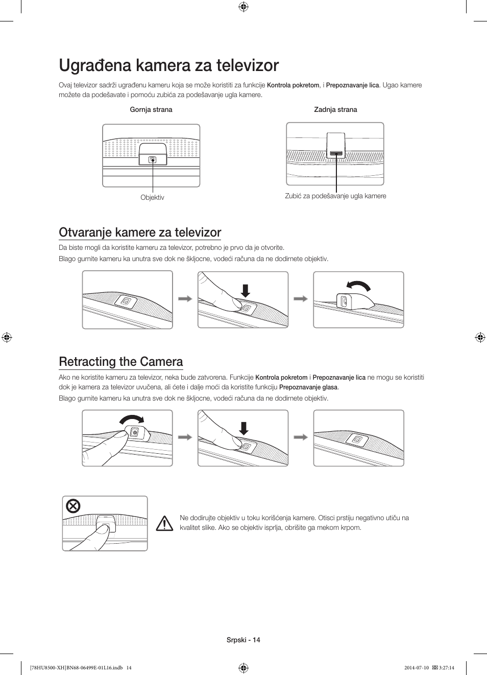 Ugrađena kamera za televizor, Otvaranje kamere za televizor, Retracting the camera | 경고 주의 경고 주의 | Samsung UE78HU8500T User Manual | Page 230 / 385