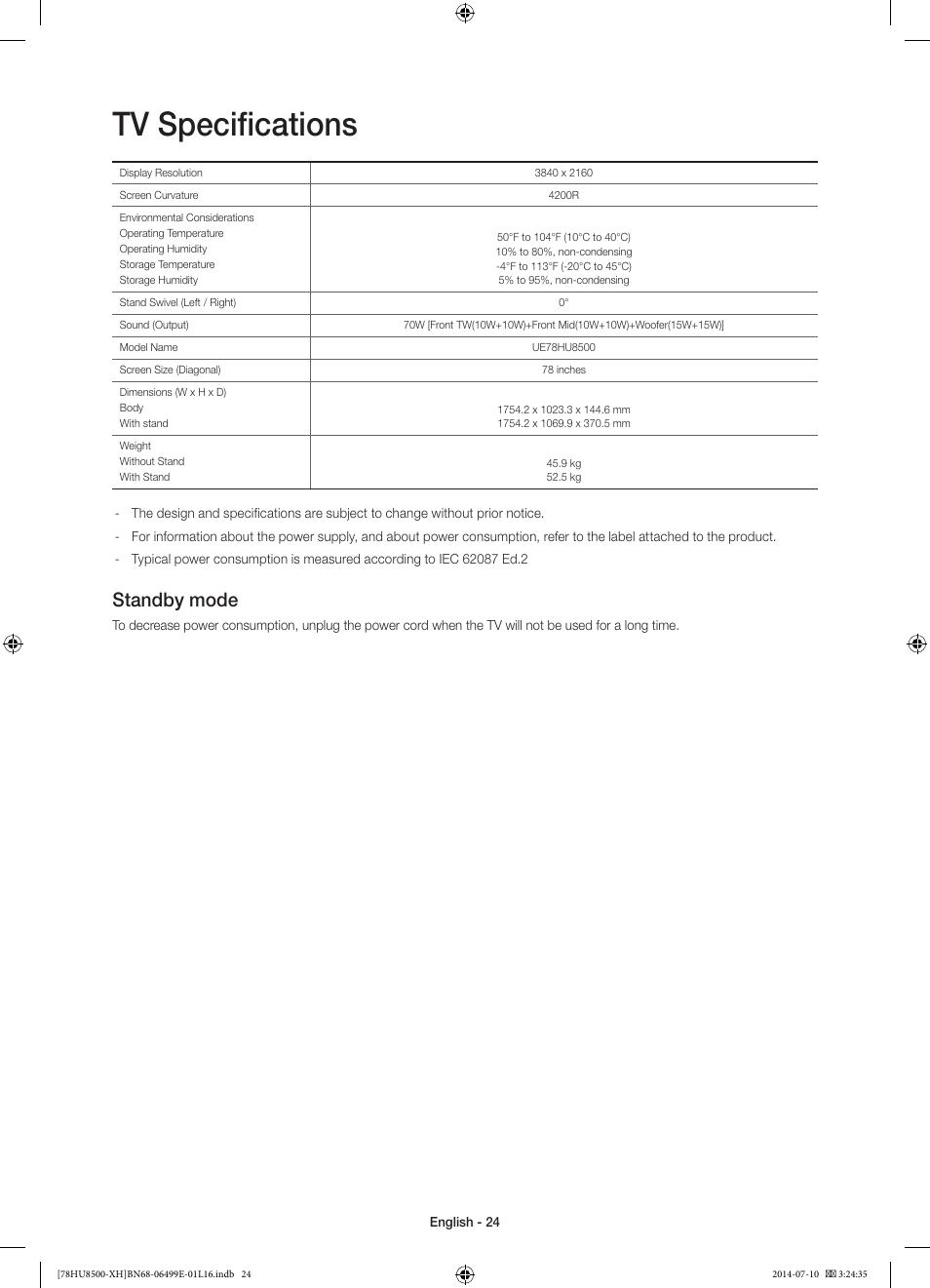 Tv specifications, Standby mode | Samsung UE78HU8500T User Manual | Page 24 / 385