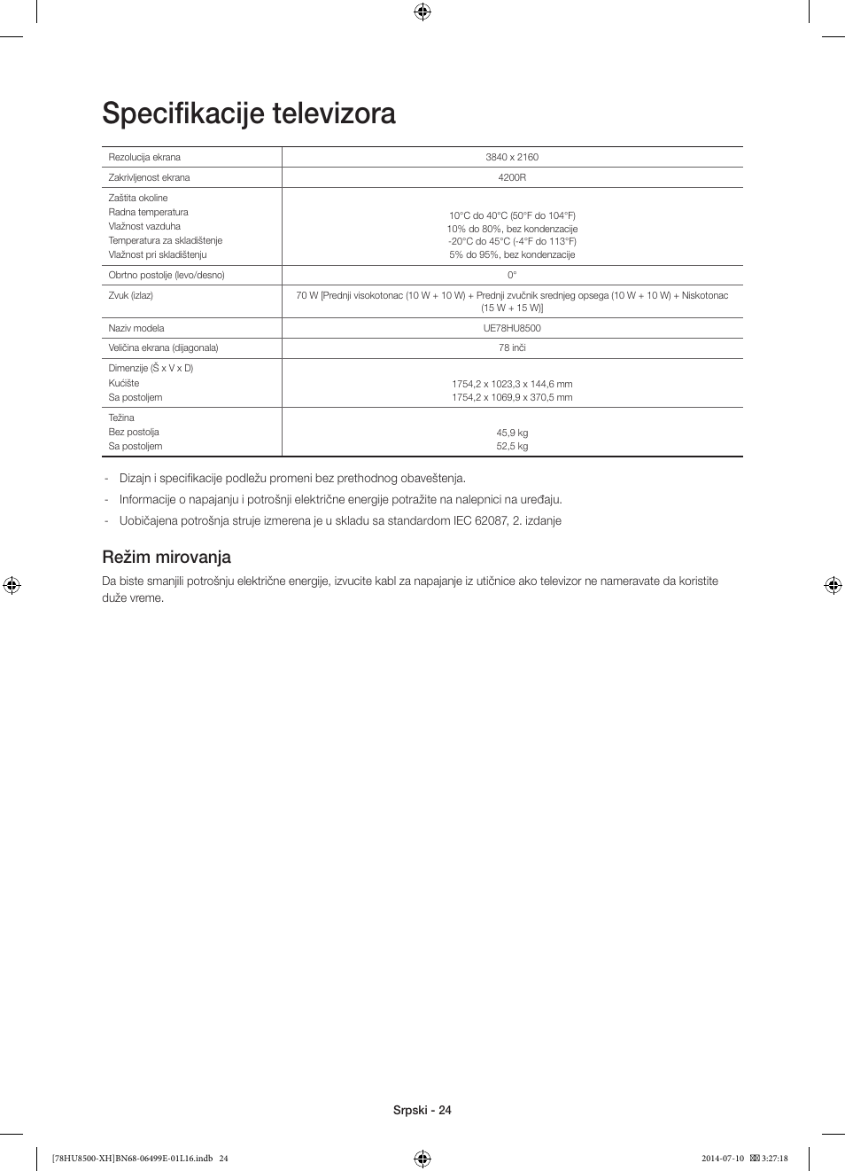 Specifikacije televizora, Režim mirovanja | Samsung UE78HU8500T User Manual | Page 240 / 385