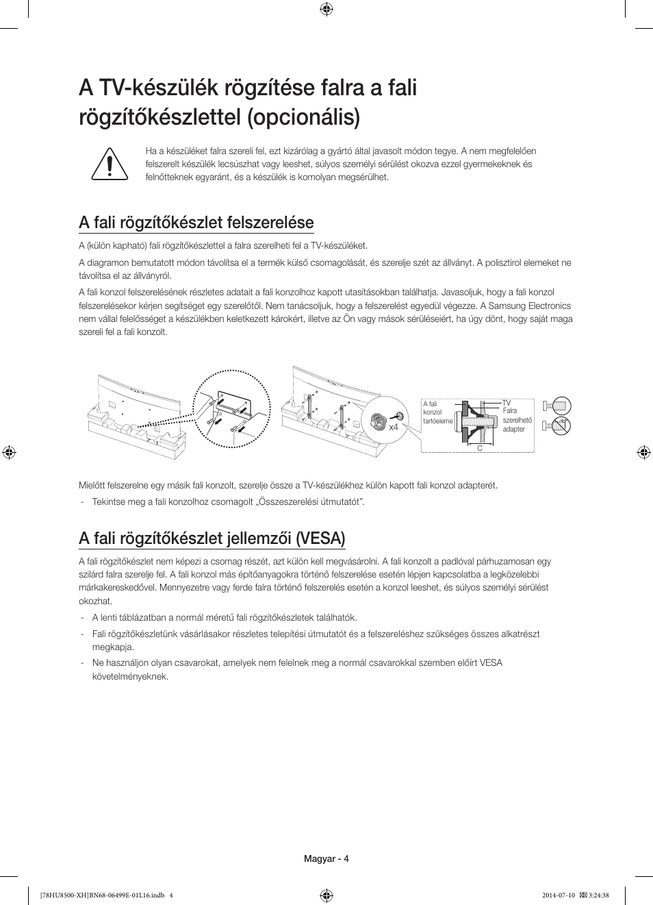 A fali rögzítőkészlet felszerelése, A fali rögzítőkészlet jellemzői (vesa) | Samsung UE78HU8500T User Manual | Page 28 / 385