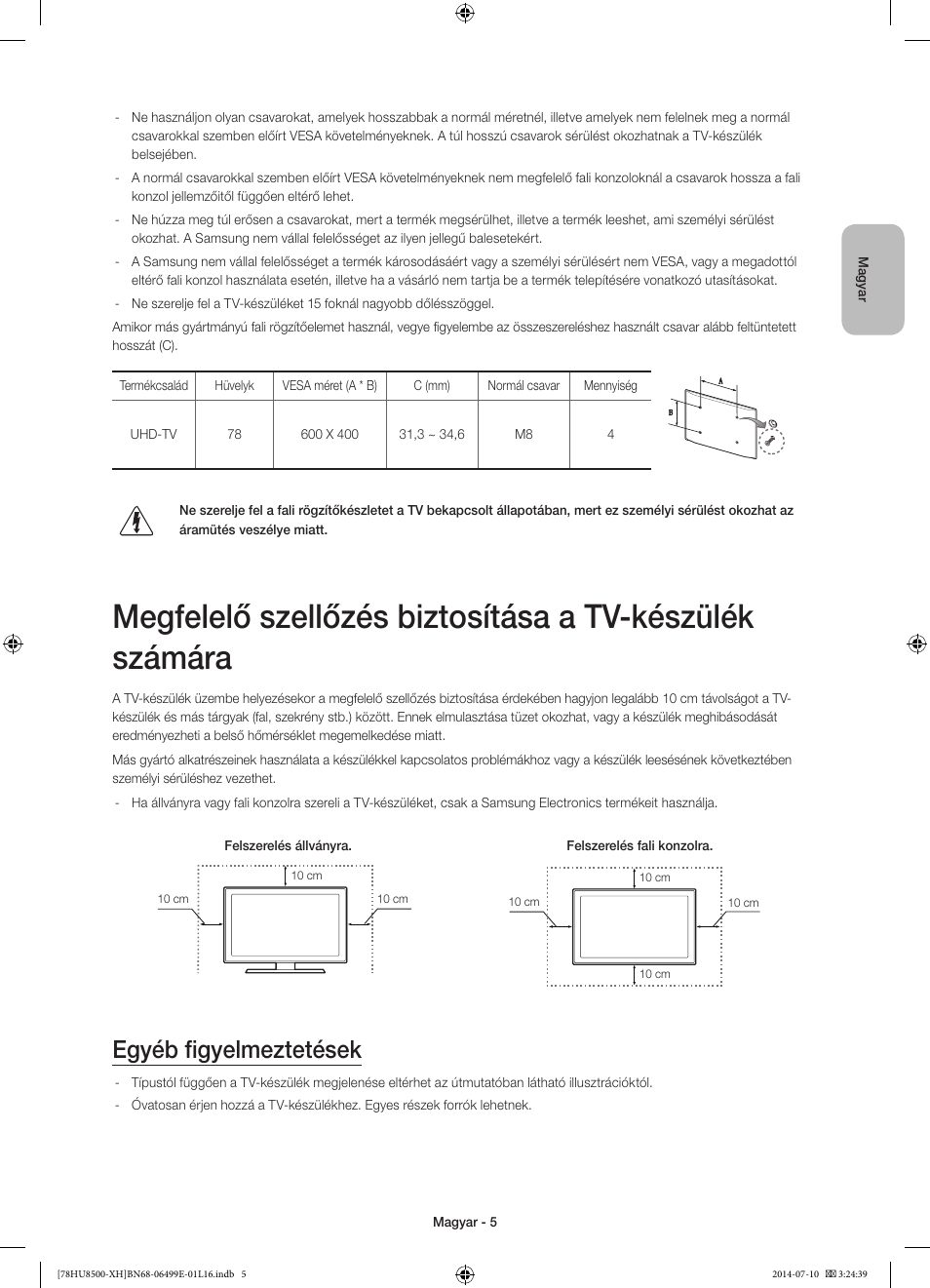 Egyéb figyelmeztetések | Samsung UE78HU8500T User Manual | Page 29 / 385