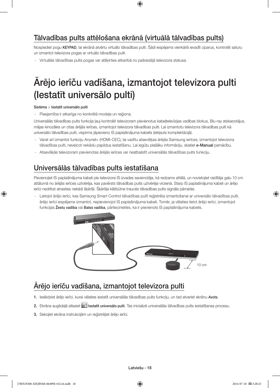 Universālās tālvadības pults iestatīšana, Ārējo ierīču vadīšana, izmantojot televizora pulti | Samsung UE78HU8500T User Manual | Page 330 / 385