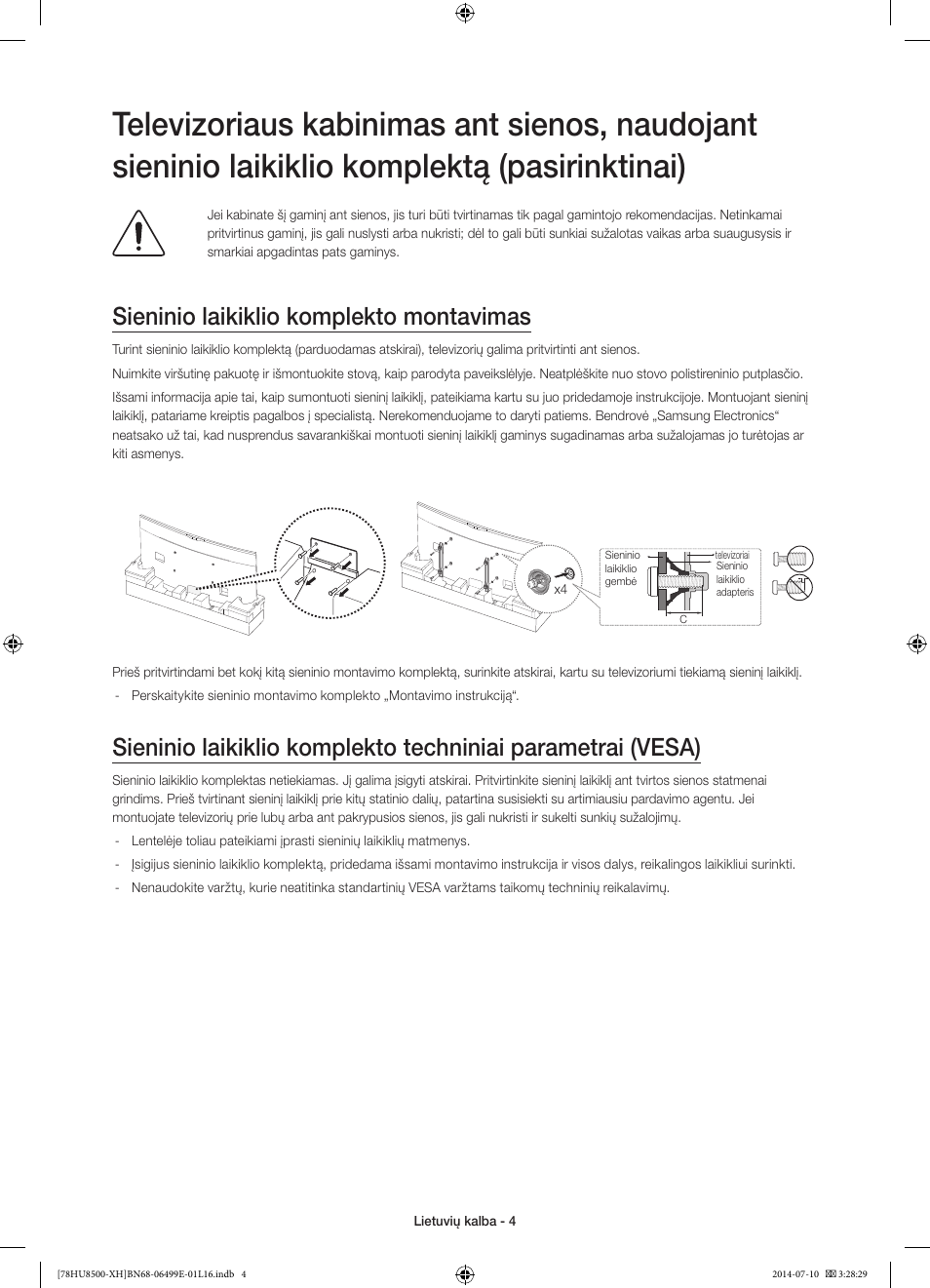 Sieninio laikiklio komplekto montavimas | Samsung UE78HU8500T User Manual | Page 340 / 385